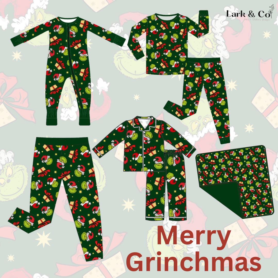 PREORDER - "Merry Grinchmas" Bamboo PJs & Blanket (men, women & kids)